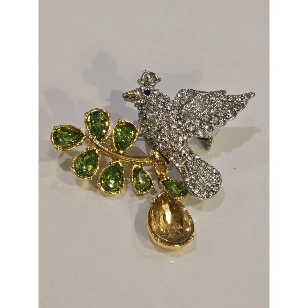 Talbots Jeweled Bird Brooch Rhinestone Green Crystal Branch Pin Figural #1397